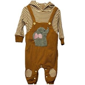 Striped Elephant Hoodie Corduroy Overalls Baby Romper hypoallergenic snaps